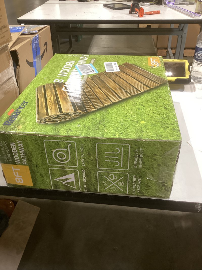 Condition photo showing New/Like New for reliancer 8' wooden garden pathway,outdoor roll out cedar straight walkway,patio path decorative garden boardwalk walkways,weather-resistant roll up beach wood road floor,wedding party pathways 8' brown-straight