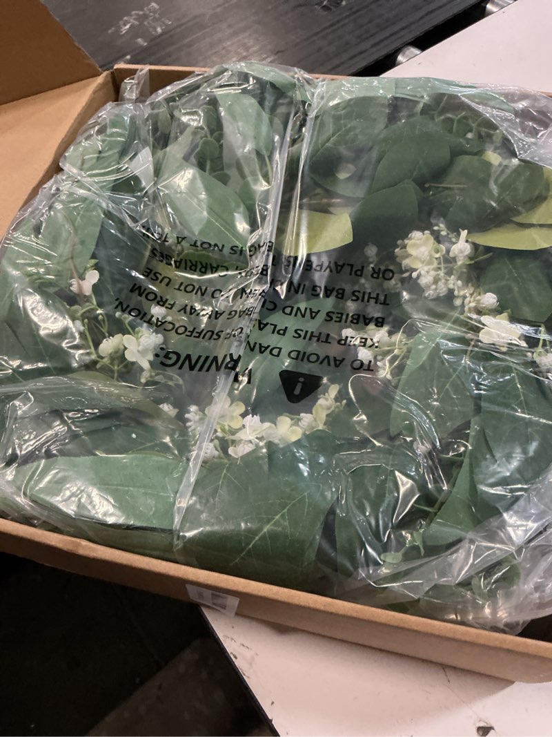 Condition photo showing New/Like New for 26'' eucalyptus and babys breath flowers wreath for front door - large artificial greenery outdoor wreath for porch,window,farmhouse,home,hanging decor- spring, summer, all seasons (green-white) 26"