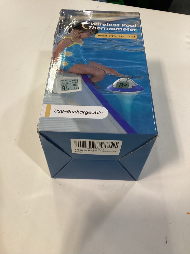 Condition photo showing New/Like New for BALDR Rechargeable Wireless Pool Thermometer Floating Easy Read, Dual Screens Big Digits Water Thermometer for Swimming Pool, Hot Tub, Hot Spring, Aquarium (Blue)