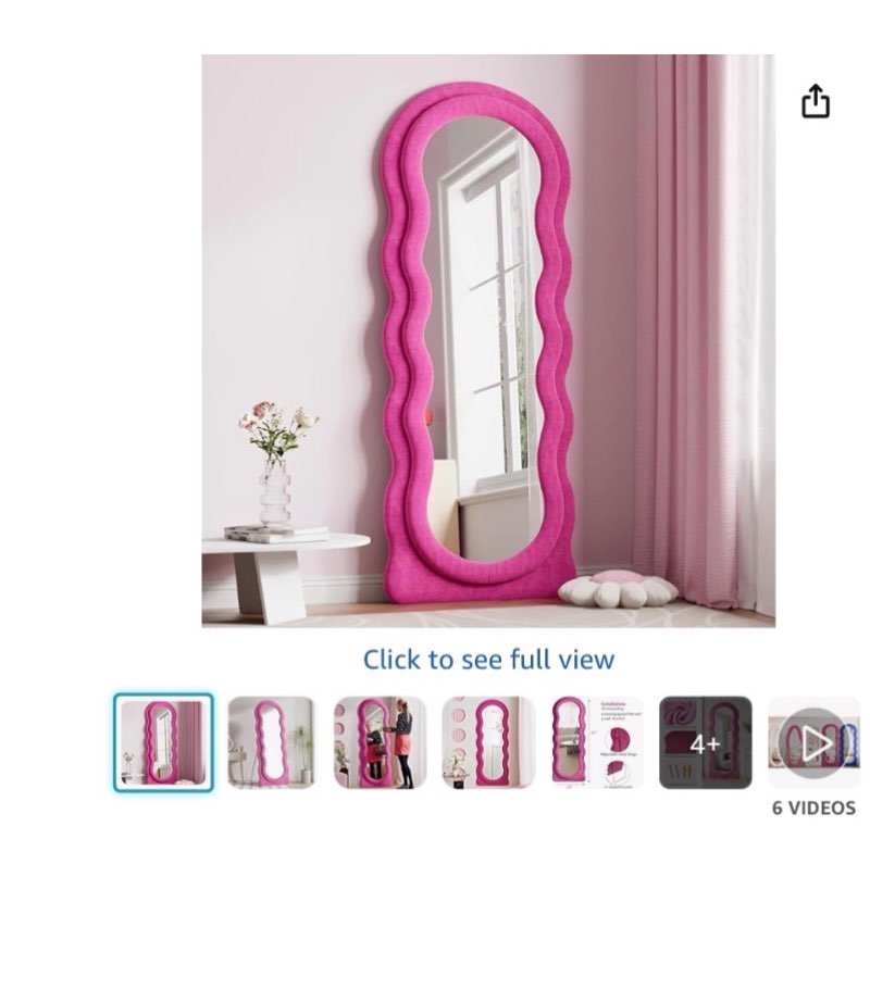 dewfig full length mirror, 63" x 24" irregular wavy mirror, large floor length mirrors wall mounted, standing wavy mirrors with flannel wrapped wooden frame for bedroom/living room, hot pink