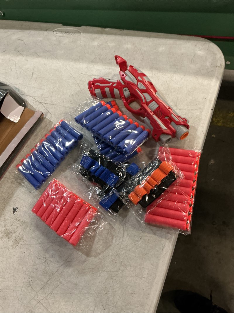 Condition photo showing As Is for 4 pack blaster set for kids ages 5+ | 80 foam darts & 4 wrist bands | team battle toy gift - christmas birthday easter party