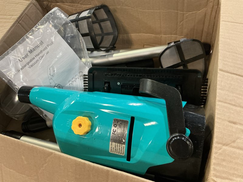 Condition photo showing As Is for pool vacuum for above ground pool, cordless handheld rechargeable pool cleaner with running time up to 60 minutes for sand and debris, ideal for in-ground pools, spas, and hot tubs (green)