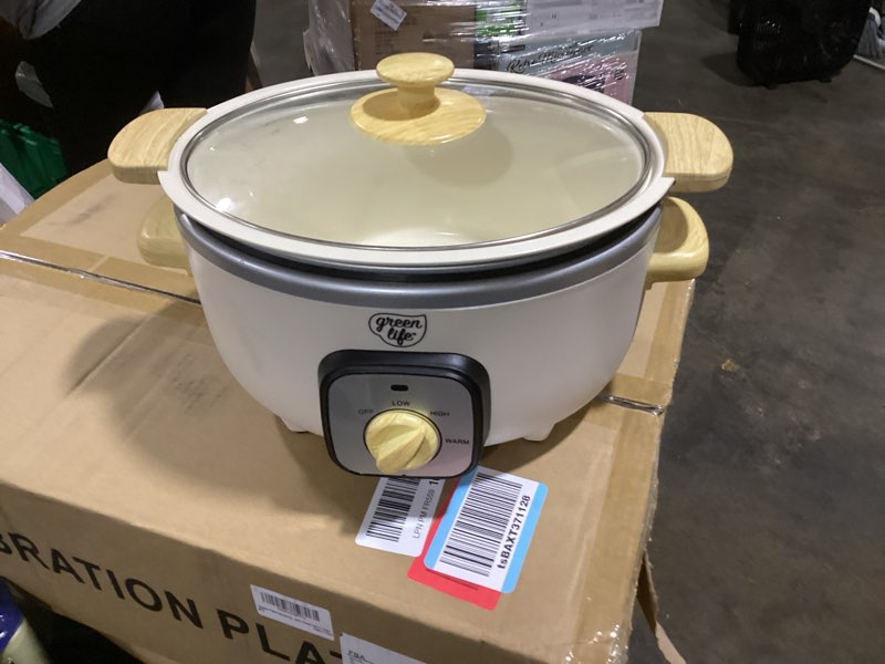 Condition photo showing As Is for greenlife 3.5qt slow cooker, pfas-free non-toxic ceramic nonstick removable interior bowl, programmable, keep warm, stovetop & oven safe pot, dishwasher safe crock & glass lid, cream cream 3.5 quarts