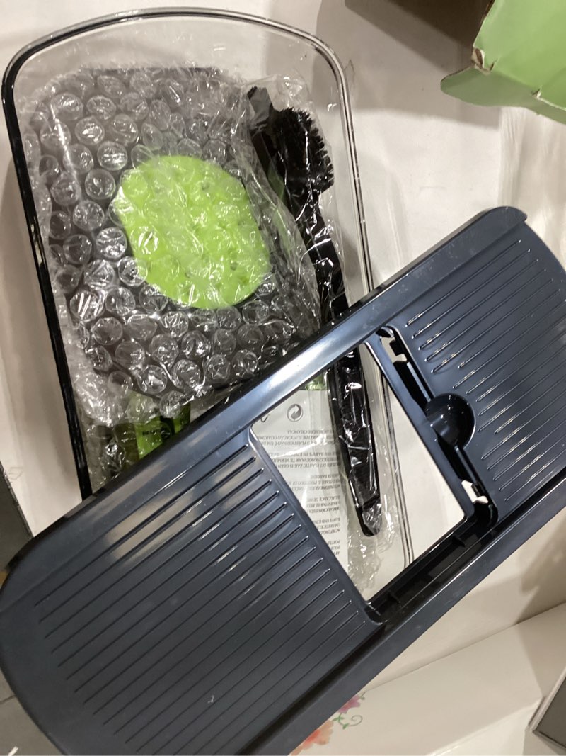 Condition photo showing As Is for ourokhome mandolin slicer for kitchen food, hand safe vegetable shredder with 6 mandoline blades, veggie waffle cutter for potato, carrot, zucchini, onion, essential kitchen gadgets (6 in 1, gray) green 6 blades