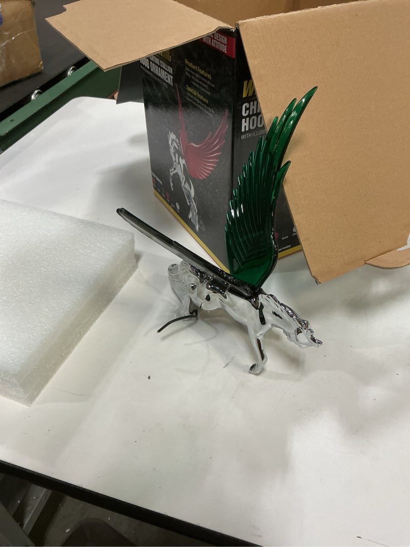 Condition photo showing As Is for Lighted Hood Ornament Stallion Windrider Green 3 Stud Chrome 9 3/4" GG#48392