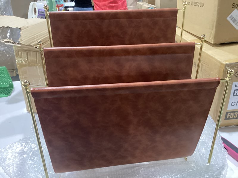 Condition photo showing Good Condition for domensi 2 tier leather magazine rack, 16 x 14 inch floor standing magazine holder, metal wire newspaper organizer for home office, living room, decorative book storage rack for books, newspapers