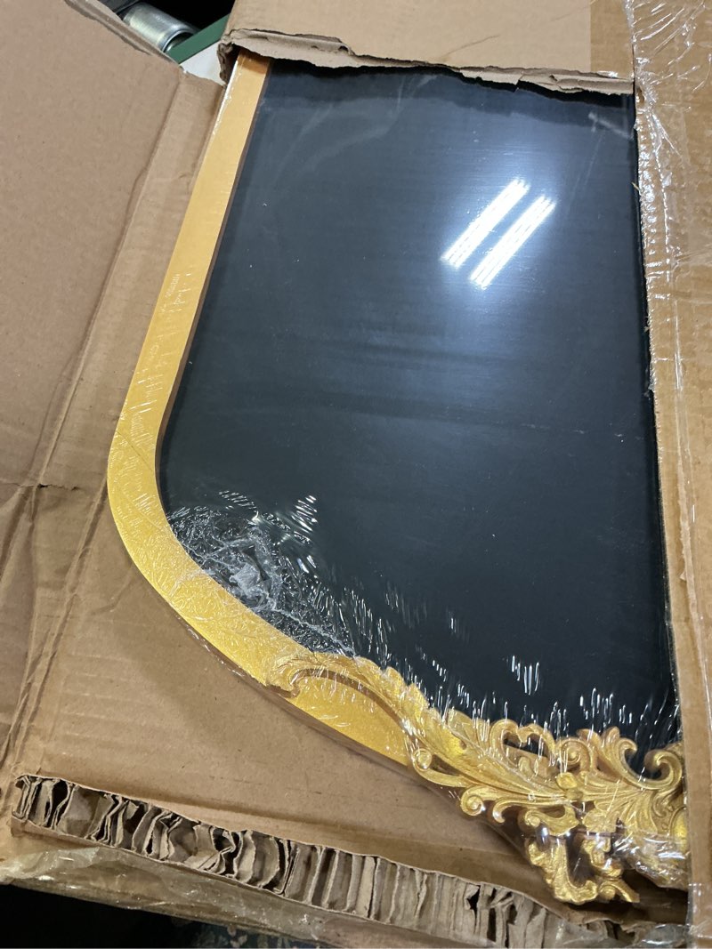 Condition photo showing Good Condition for okydoky arch chalkboard; 19 x 31 framed arched ornate vintage magnetic chalkboard, gold pine wood fram, ideal as a motivational vision board or wall organizer