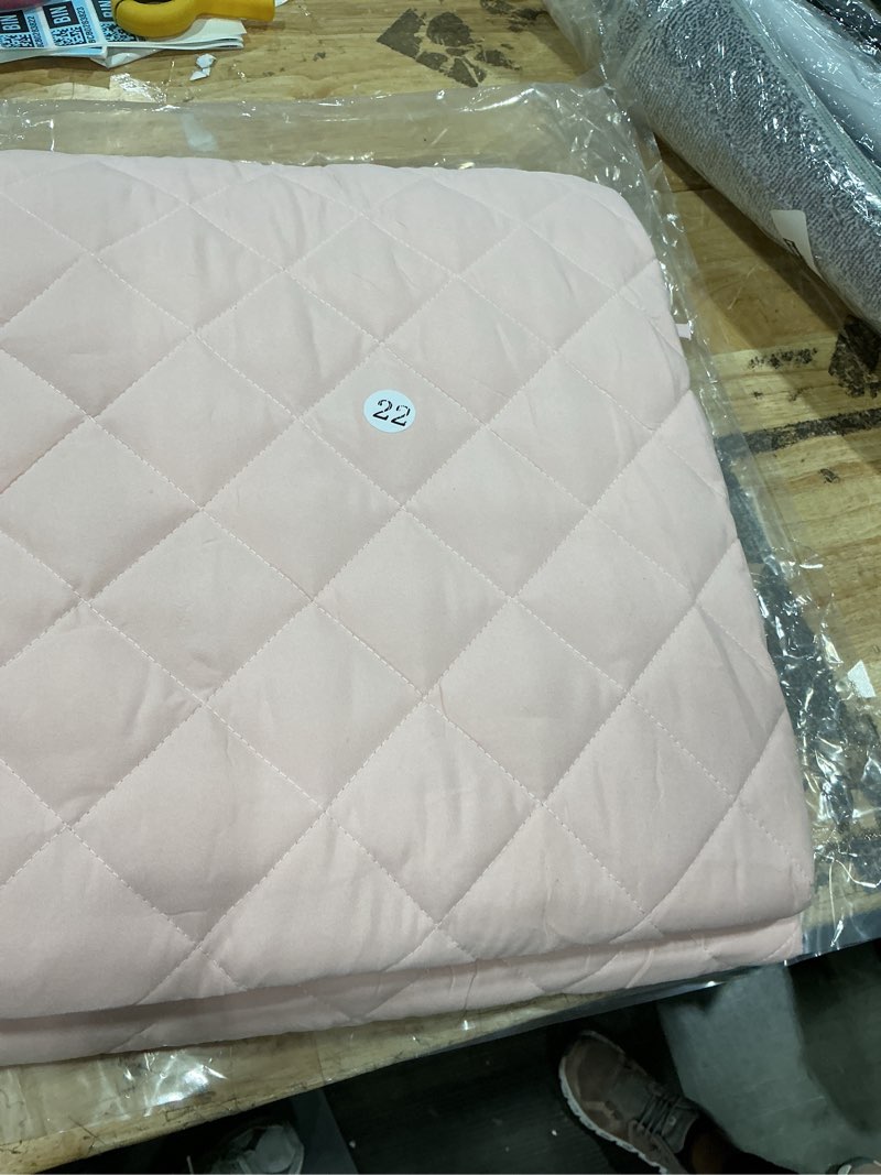 Condition photo showing New/Like New for down alternative toddler comforter, lightweight and warm solid color baby crib quilted blanket, 39x47 inches, pink