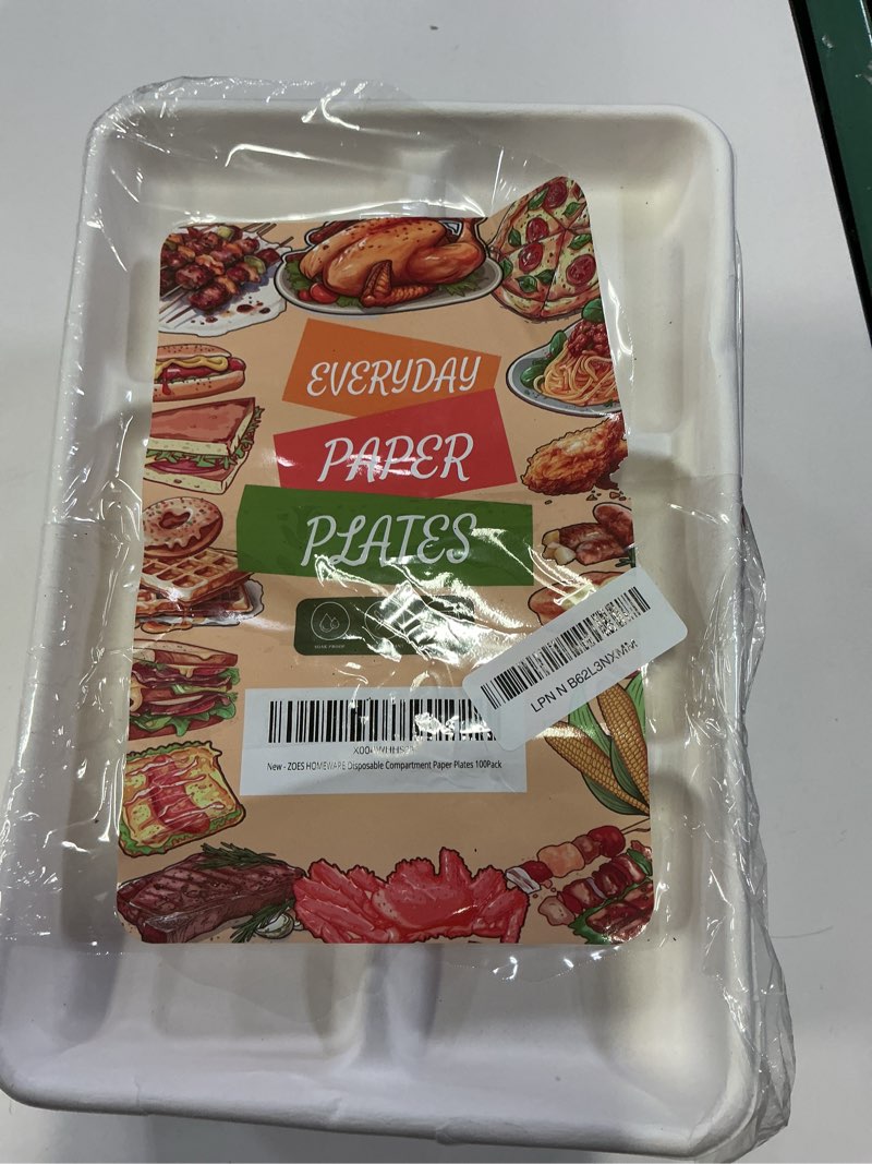 Condition photo showing As Is for 5 Compartment Plates Disposable, 100 Pack, 12.5" X 8.6" 100% Compostable Disposable Paper Plates with Dividers for School Lunch, Party, Buffet, Picnic White