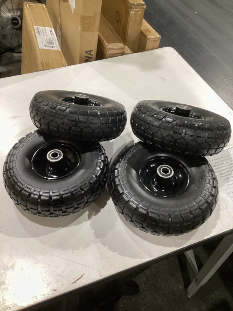 Condition photo showing New/Like New for 10 inch soild dolly tire wheels 5/8" axle,4.10/3.50-4 tire and dolly wheel flat free for hand truck,wheelbarrow garden cart, wagon,lawn mower and gorilla cart tires(4 packs,black)