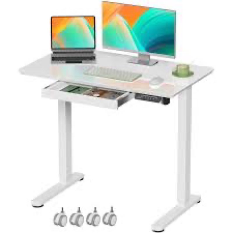 glass standing desk with drawer, 35×20inch whole piece height adjustable rising desk, electric sit stand desk with wheels, small computer desk, white