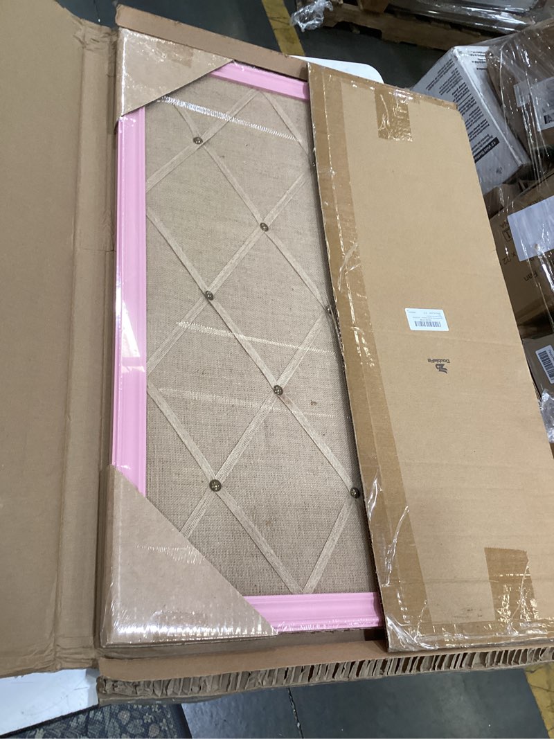 Condition photo showing Good Condition for pink bulletin board 21"×27" pink linen fabric decorative board hanging memo boards with 20 pushpins for women office large cork bulletin boards for home & office wall decor photos display 29.5" x 20.5" pink
