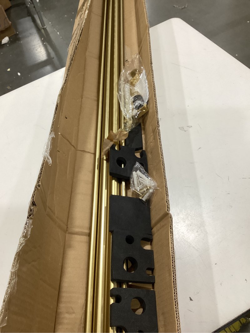 Condition photo showing As Is for double curtain rods 72-144 inches for windows, 1 inch diameter adjustable heavy duty drapery rod with aluminum alloy brackets and finials, modern stylish dual curtains rod, brushed gold brushed gold 72"-144"
