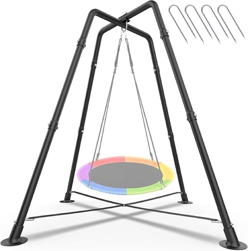 Heavy Duty Swing Stand 32mm Steel Frame 330 lbs Kids Adults | X-Shaped Base, Anti-Rust Coating, 4 Ground Stakes, Rubber Foot Pads, Fits Saucer & Sensory Swings, Indoor Outdoor, Black