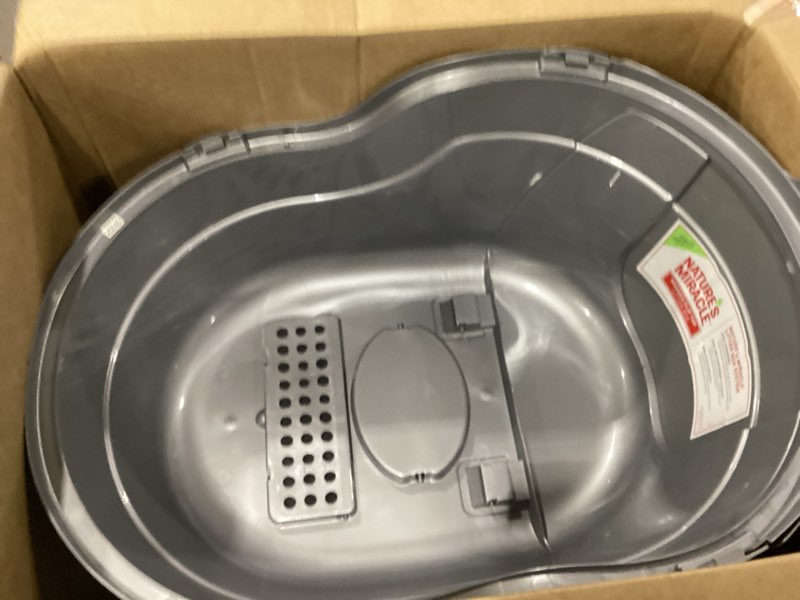 Condition photo showing Good Condition for nature’s miracle hooded flip top litter box for cats, with built-in odor control charcoal filter silver/grey