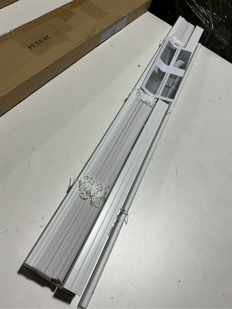 Condition photo showing As Is for Calyx INTERIORS Room Darkening Vinyl Mini Blinds, Cordless, 1" Slat, 28.5" W x 60" H, White. Inside Mount in Windows 28.75 and Greater; Indoor Window Shades 28.5"W x 60"H White
