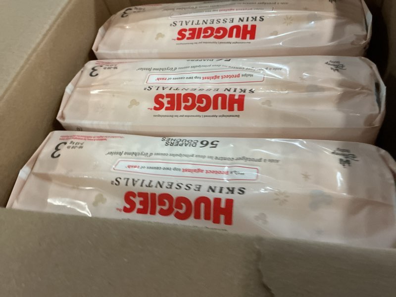 Condition photo showing New/Like New for Huggies Size 3 Diapers, Skin Essentials Baby Diapers, Size 3 (16-28 lbs), 168 Count (3 Packs of 56), Packaging May Vary Size 3 168