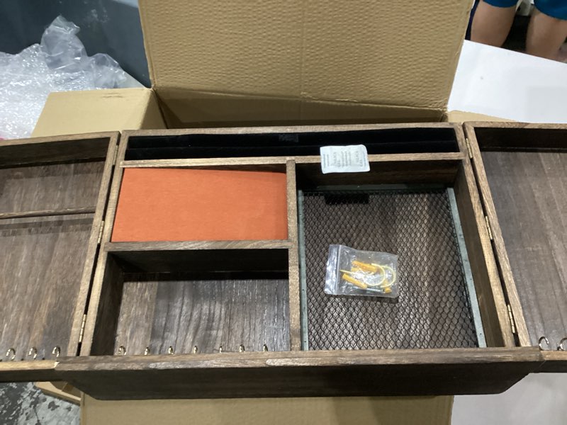 Condition photo showing New/Like New for rustic wall mounted jewelry organizer,vintage wooden hanging jewelry holder box with barndoor decor for necklaces, earings, bracelets, rings, accessories. includes hook organizer rustic brown