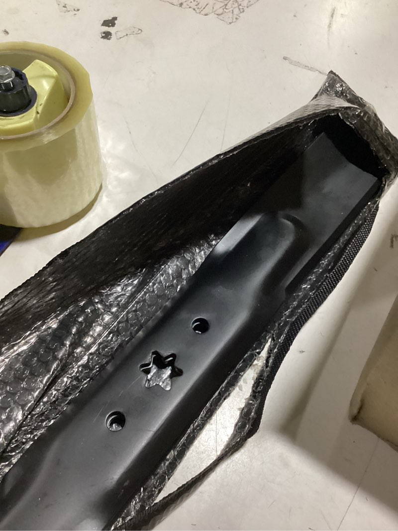 Condition photo showing As Is for 742-04308 mower blades fit for cub-cad et troy bilt 42" deck, 942-04308a blades for cub cad et xt1-lt42 xt2-lx42 riding mower, craftsman lt1500 42" lawn tractor, 2 pack 21-1/4"(high lift blades)
