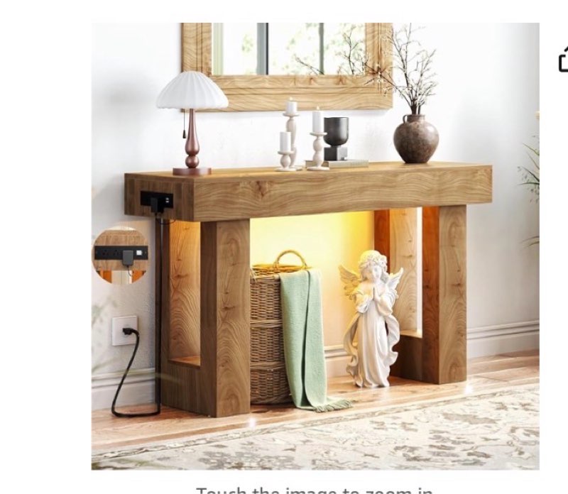 unikito 47" entryway table with socket and sensor light, narrow console table with storage behind couch, farmhouse entry way tables with open storage for entrance/hallway/living room, natural oak