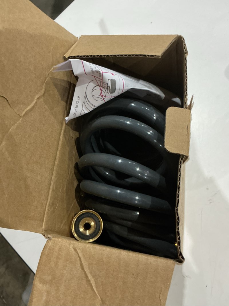 Condition photo showing Good Condition for coil hose 25ft eva coil garden hose with 3/4'' brass connector coiled water hose lightweight and no kink includes 7 patterns spray nozzle for outdoors lawn watering car washing gray 25ft