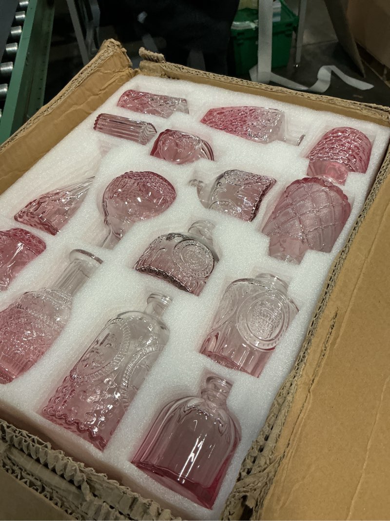 Condition photo showing New/Like New for glass bud vase set of 60 - small vases for flowers in bulk - assorted vintage crystal vases for flowers, table centerpieces (pink, 60 pcs) 60 pcs pink