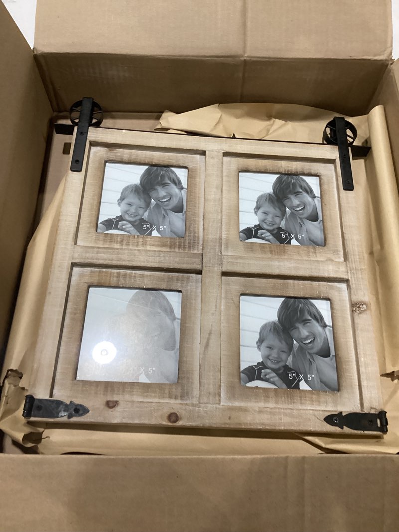 Condition photo showing Good Condition for deco 79 wood 4 slot wall photo frame with metal accent, 18" x 1" x 18", brown | ornate people barn door picture frame 4 slot with black metal accents photo frame