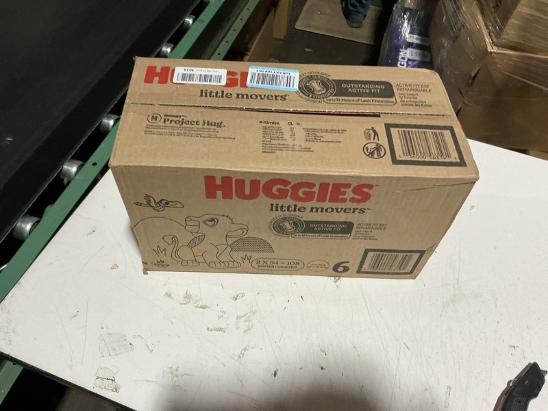 Condition photo showing New/Like New for huggies size 6 diapers, little movers baby diapers, size 6 (35+ lbs), 108 count (2 packs of 54), packaging may vary