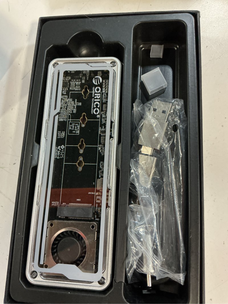 Condition photo showing New/Like New for orico 40gbps m.2 nvme ssd enclosure with cooling fan, tool-free installation aluminum crystal nvme case, support 2280 m2 solid state drive, compatible with thunderbolt 3/4 usb4/3.2/3.1/3.0 aagm2-us