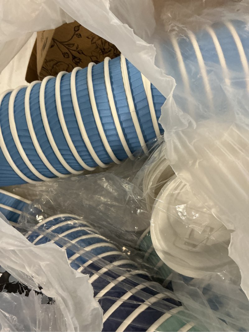 Condition photo showing As Is for whaline 100 pcs summer dusty blue disposable coffee cups with lids 12 oz gradient blue paper cups corrugated ripple wall insulated hot cup for home office party supplies dusty blue 12oz