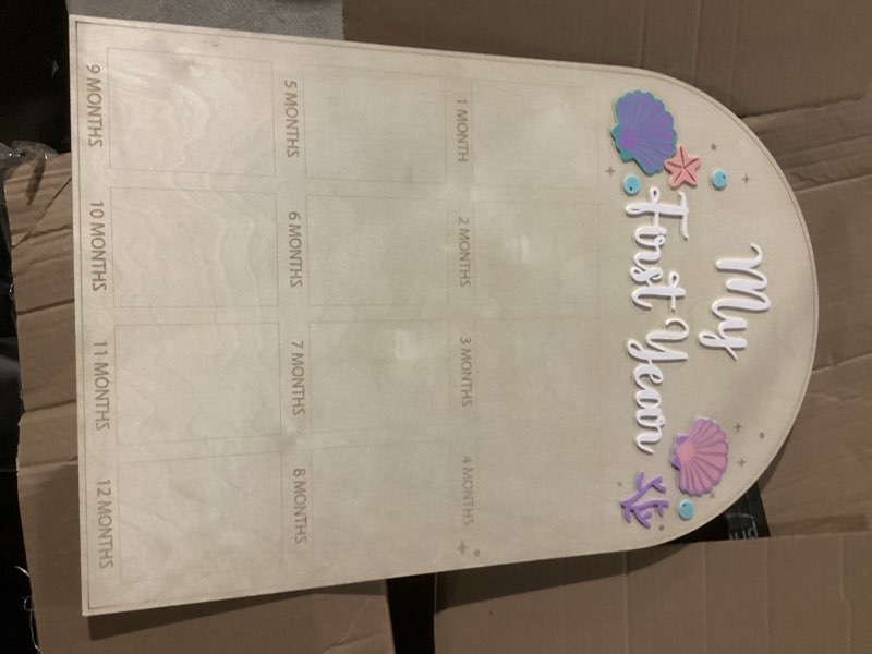 Condition photo showing As Is for mermaid monthly wooden photo board - under the sea 1st birthday party decoration, ocean themed milestone board, 12-month photo frame, underwater world 1-12 month milestone photo board