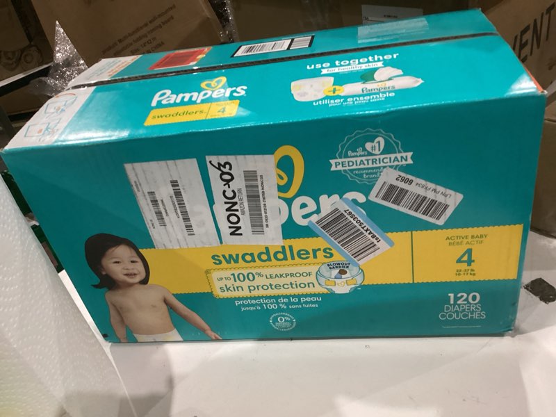Condition photo showing New/Like New for Pampers Swaddlers Diapers, Size 4 (15-34 lbs), 120 Count, Absorbent, Keeps Baby Dry and Comfortable, Skin Safe Disposable Baby Diaper (Packaging May Vary) Size 4 120