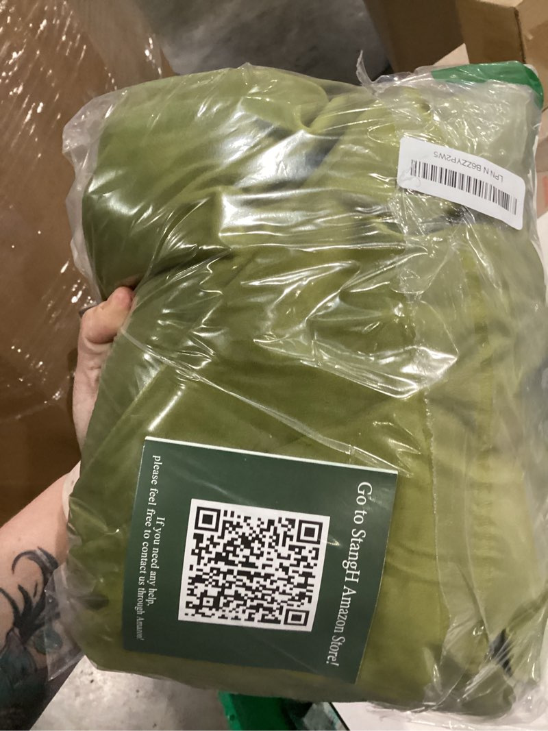Condition photo showing As Is for StangH Olive Green Velvet Curtains for Bedroom, Back Tab Light Blocking Thermal Insulated Window Door Drapes for Living Room/Farmhouse/Office, W52 x L84, 1 Panel 52"W x 84"L (Pack of 1) Olive Green