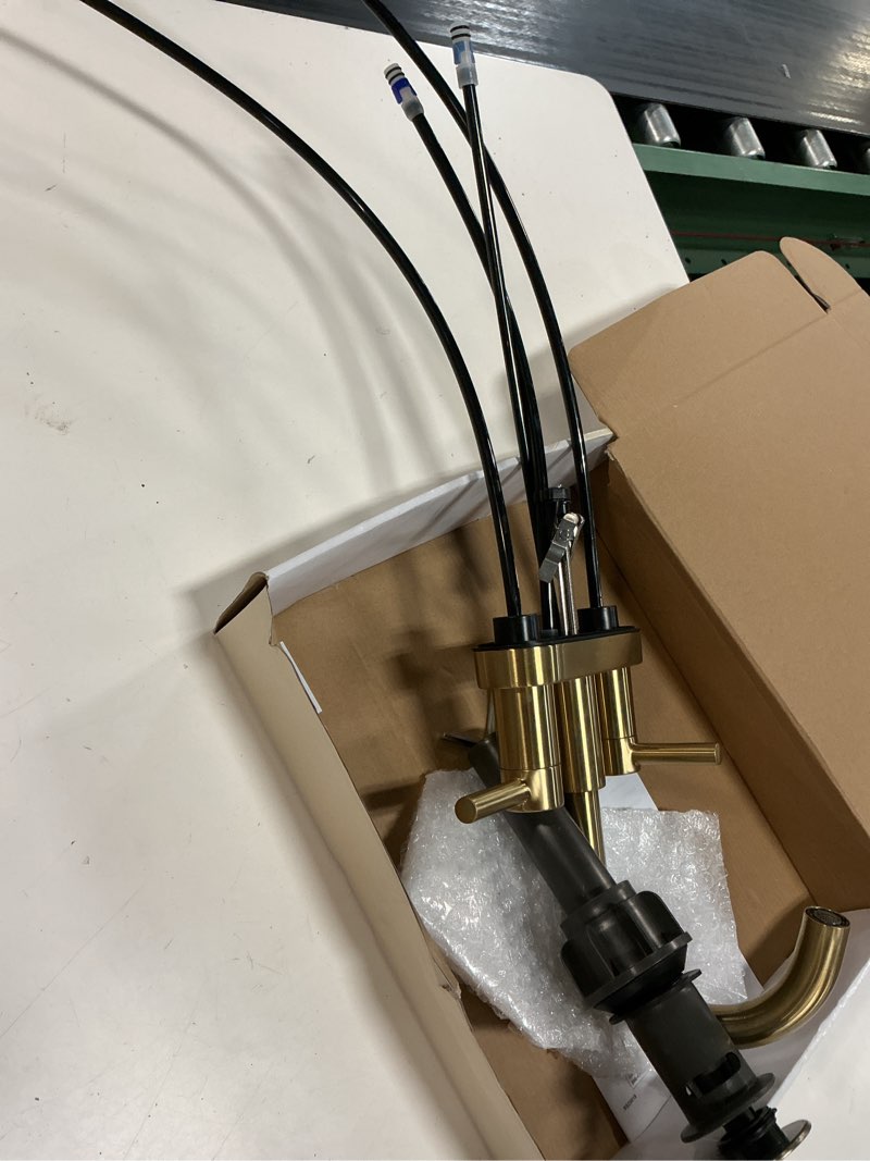 Condition photo showing As Is for allen + roth harlow simplefit brushed gold 4-in centerset 2-handle watersense mid-arc residential handle bathroom sink faucet with drain with deck plate