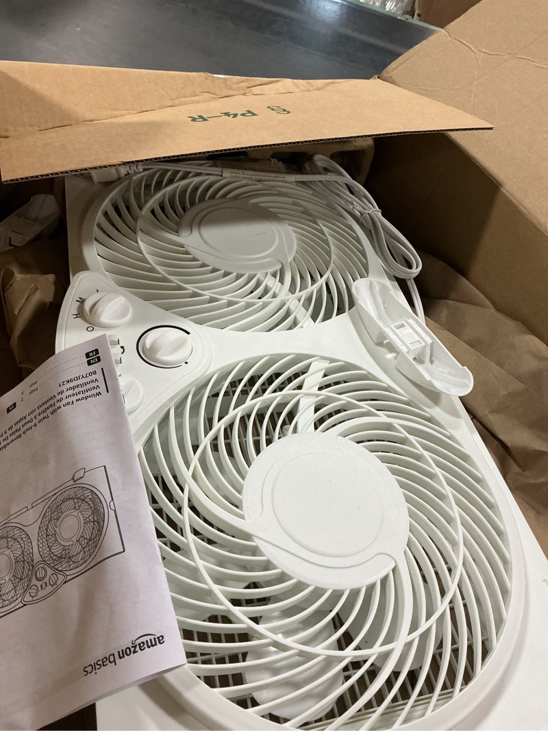 Condition photo showing Good Condition for Amazon Basics Window Fans for Home Bedroom, Twin Heads, Cooling Airflow, Exhaust, Expandable Side Panel Manual Control, 3 Speeds, 63W, 9 inch, White