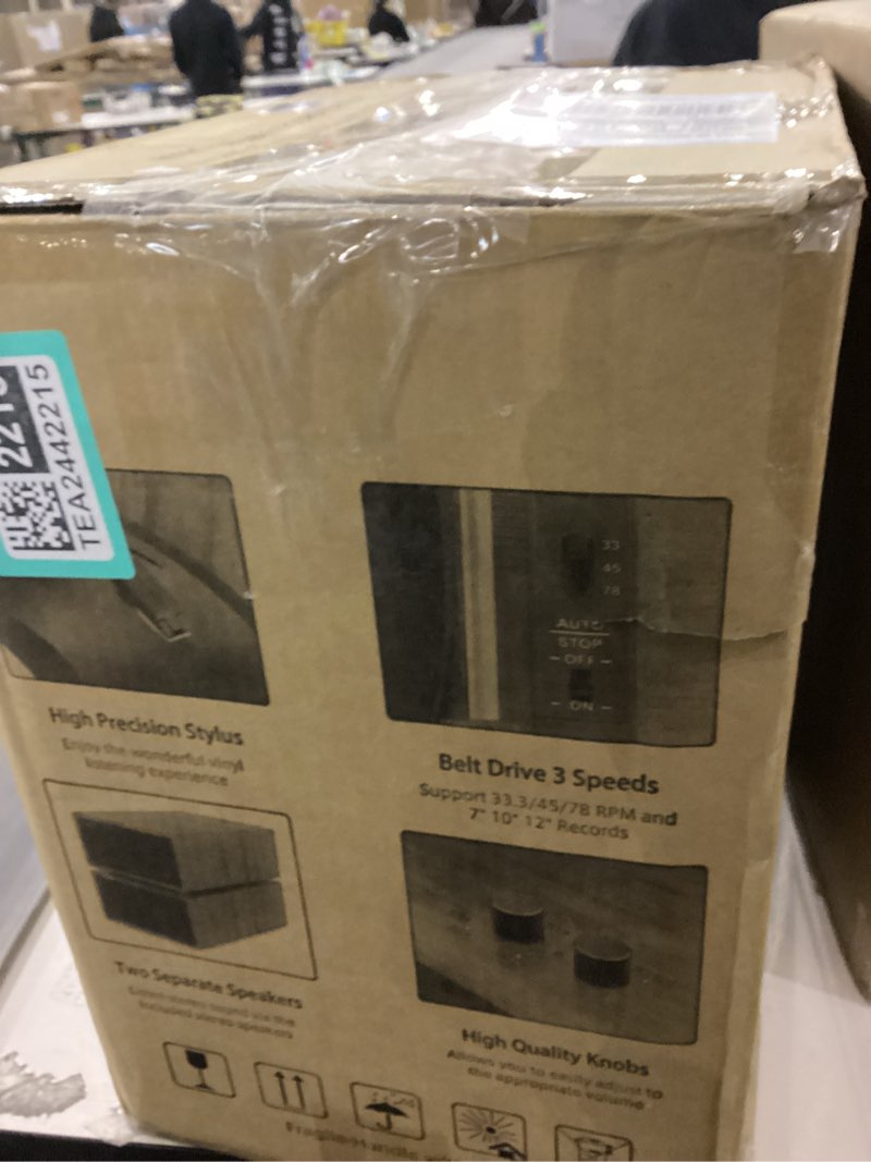 Condition photo showing As Is for Vinyl Record Player with Dual Stereo Bookshelf Speakers Vintage Turntable with Bluetooth Wireless Playback Belt Drive 3-Speed Playback Record Player Support RCA Out Auto Stop Wooden