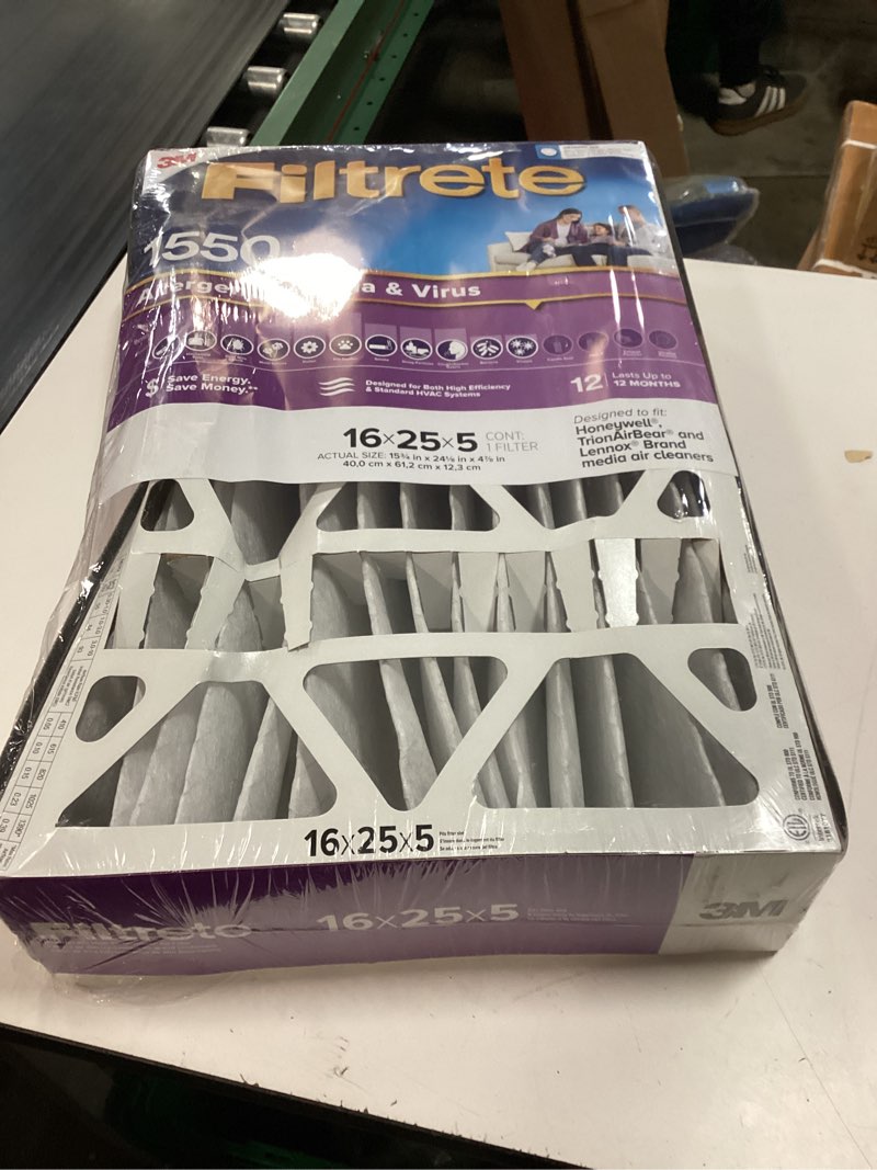 Condition photo showing As Is for filtrete 16x25x5 ac furnace air filter, mpr 1550, merv 12, fits honeywell & trion airbear, certified asthma & allergy friendly, electrostatic air filter, 1-pack (actual size 15.75 x 24.13 x 4.88) 15.8" x 24.1" x 4.9"