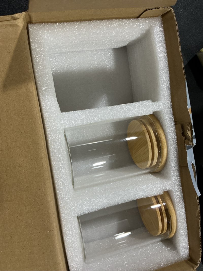 Condition photo showing As Is for 3 Pack Qtip Holder Dispenser - Glass Apothecary Jars with Lids, Cotton Ball Pad Swab Round Holder, Bamboo Bathroom Accessories, Bathroom Organizers Containers Jars Canisters with Lids Glass-3 Pack