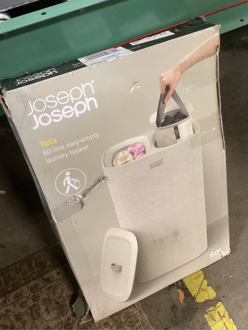 Condition photo showing New/Like New for joseph joseph tota 60 liter/15.8 gallon laundry hamper separation basket with lid, 2 removable washing bags with handles- ecru dual compartment 60l ecru