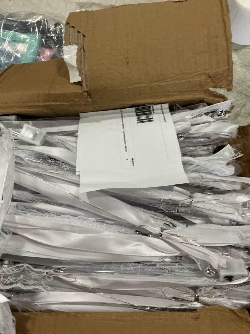 Condition photo showing New/Like New for 120 pcs light up wands for wedding, warm white led wedding send off with ribbons and bells, 3 light modes fairy ribbon wands, reception props for ceremony exit, party favor