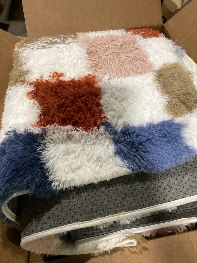 Condition photo showing Good Condition for checkered rug 5x8 for living room, modern rainbow shag rug super soft washable indoor fuzzy carpet non-slip fluffy rugs for bedroom home aesthetic decor 5' x 8' (rectangular) rainbow