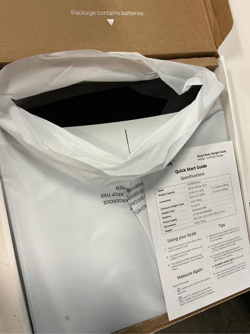 Condition photo showing Good Condition for ovutek scale for body weight, highly accurate 450lb digital bathroom scales for people, automatic weighing machine for baby, pet, light items, large led, sturdy and durable base, white white 11.8*11.8in