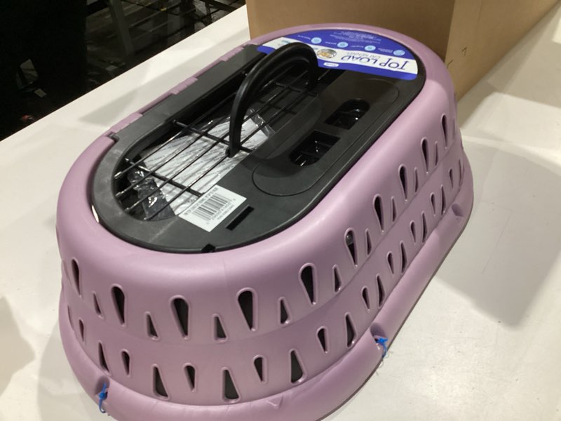 Condition photo showing New/Like New for petmate top load plastic cat kennel for small dogs, puppies & cat carriers, one-door, top loading, made in usa, 19" for pets up tp 10 lb, purple one-door 19.0"l x 12.5"w x 10.8"h purple