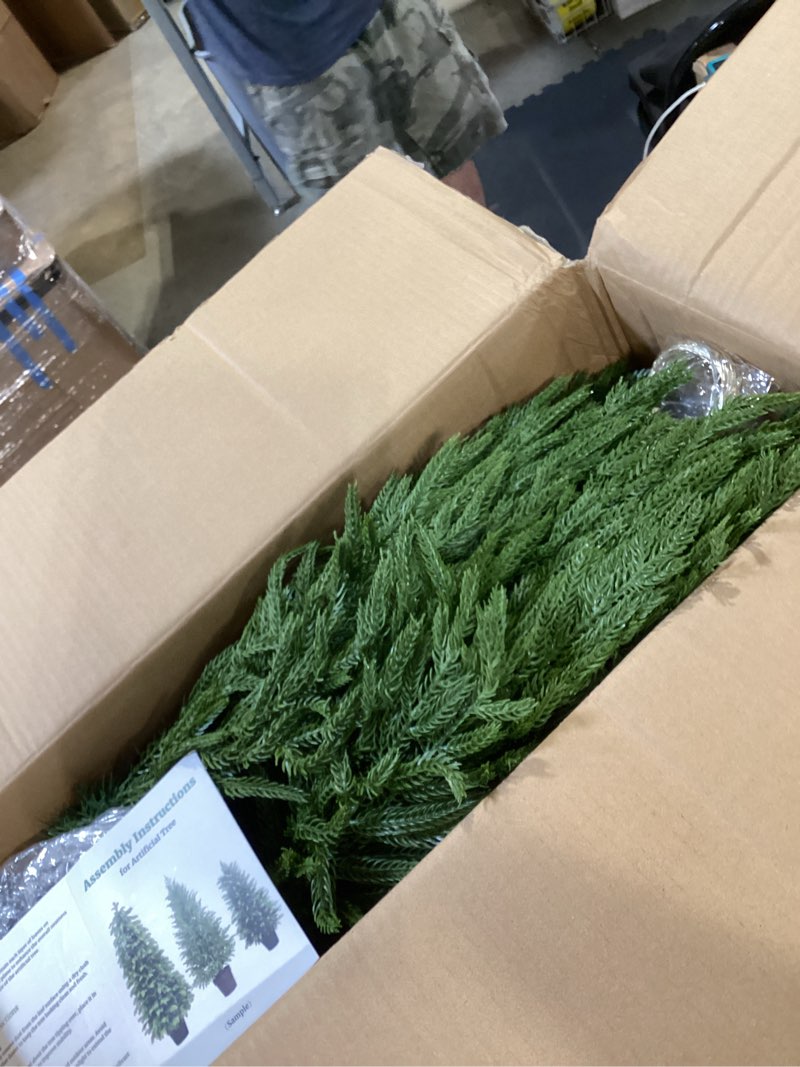 Condition photo showing Good Condition for 4ft lighted artificial topiary trees outdoor set of 2, norfolk pine trees with warm white lights, potted faux evergreen trees for front porch, entryway, patio, christmas indoor outdoor decor