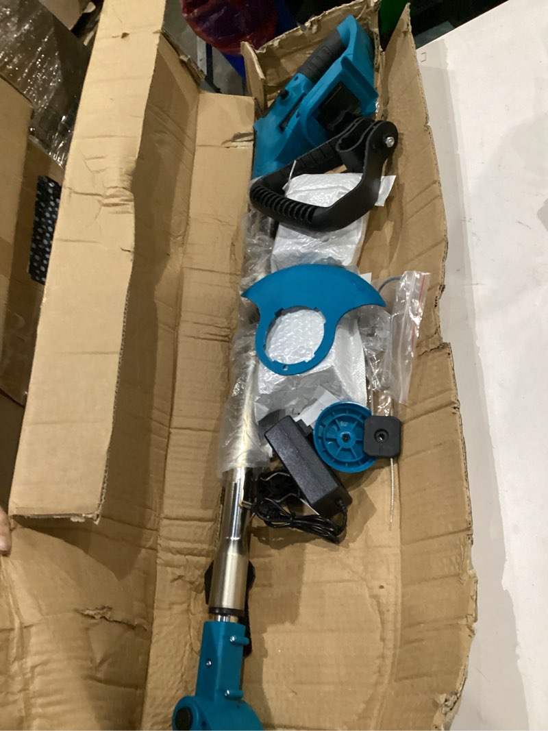 Condition photo showing New/Like New for weed wacker - electric weed cordless eater, foldable and lightweight grass trimmer/brush cutter. (with 2 x 4.0ah batteries and fast charger included)(blue)