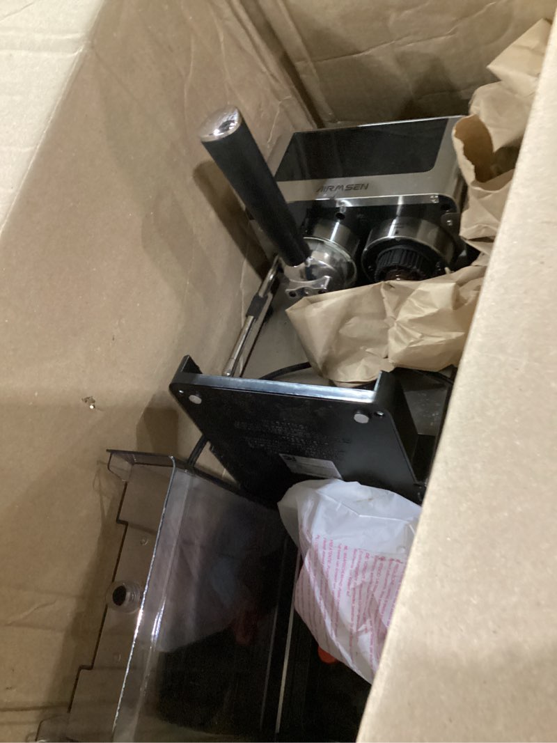 Condition photo showing As Is for airmsen 20 bar espresso machine with automatic milk frother, cappuccino & latte coffee maker with quick brew dual boiler (1350w + 1000w), stainless steel, 60oz water tank, touchscreen