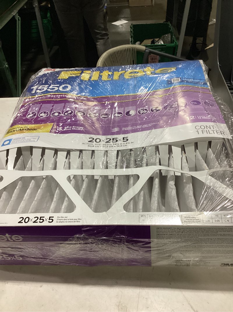 Condition photo showing Good Condition for filtrete 20-in w x 25-in l x 5-in merv 12 1550 mpr allergen, bacteria and virus electrostatic pleated air filter