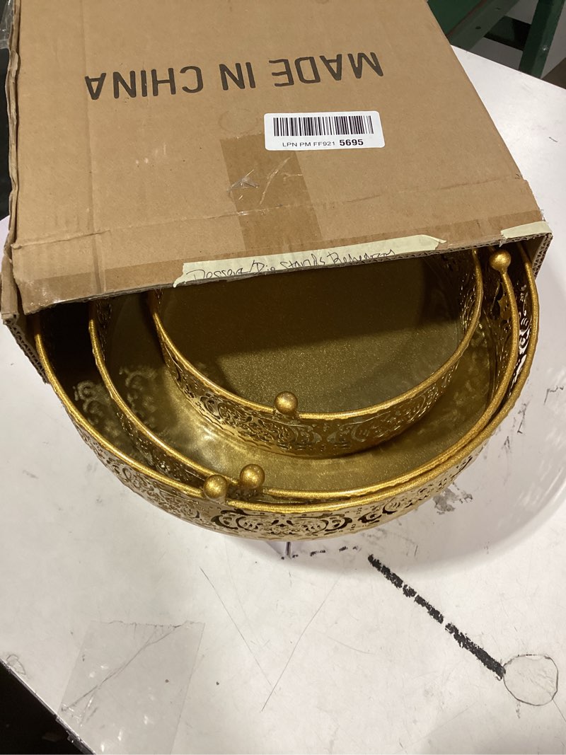 Condition photo showing Good Condition for similar productKoyal Wholesale Round Decorative Tray Set, Set of 3, Gold Decorative Trays for Coffee Table, Bar Cart, Dresser, Bathroom, Perfume, Makeup, Wedding Centerpieces