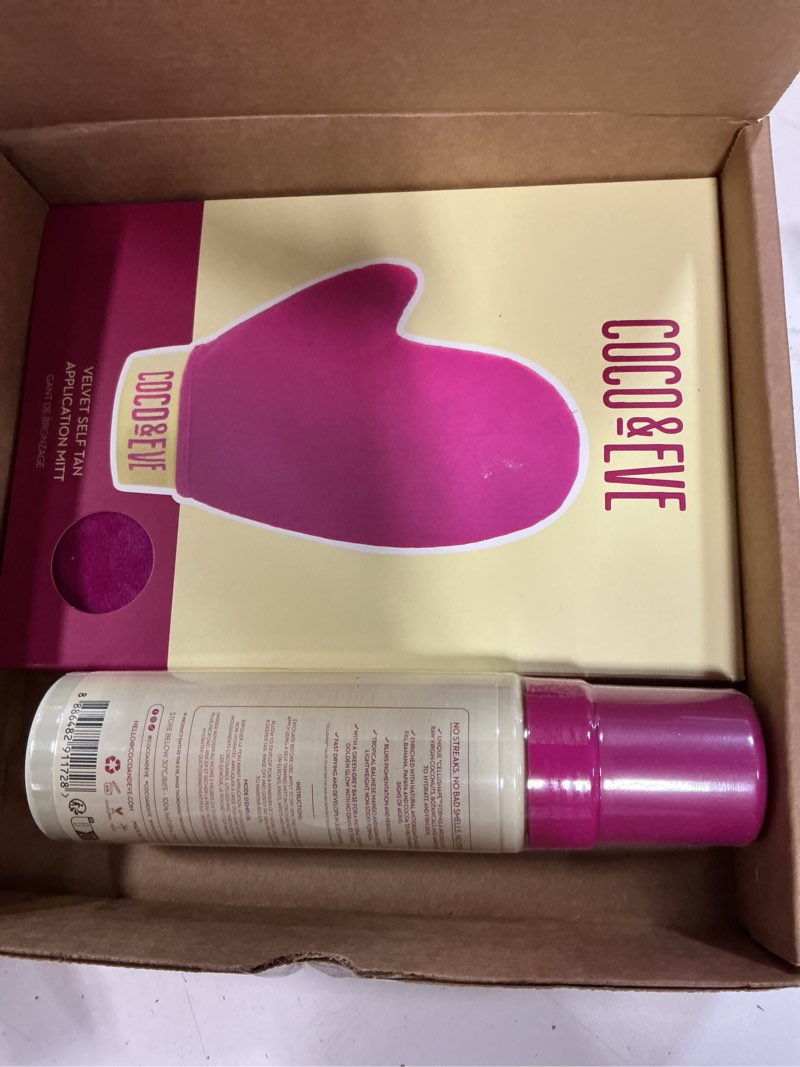 Condition photo showing Good Condition for coco & eve self tanner foam kit - (medium) streak-free sunless tanning mousse, tropically scented natural looking tan & included mitt applicator, vegan, cruelty free | sunny honey bali bronzing