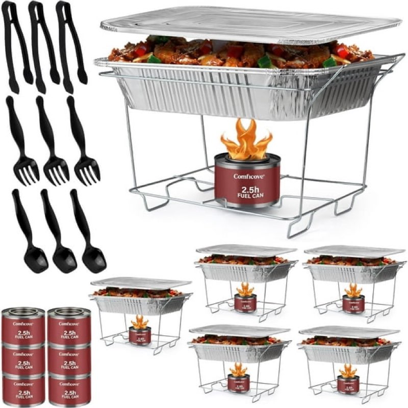 Disposable Chafing Dish Buffet Set, 6 Piece of Chafing Servers with Food Warmers, Covers, Half-Size Food Pans, Water Trays, Serving Utensils, Foil Lids and 2.5H Fuel Cans for Parties, Catering